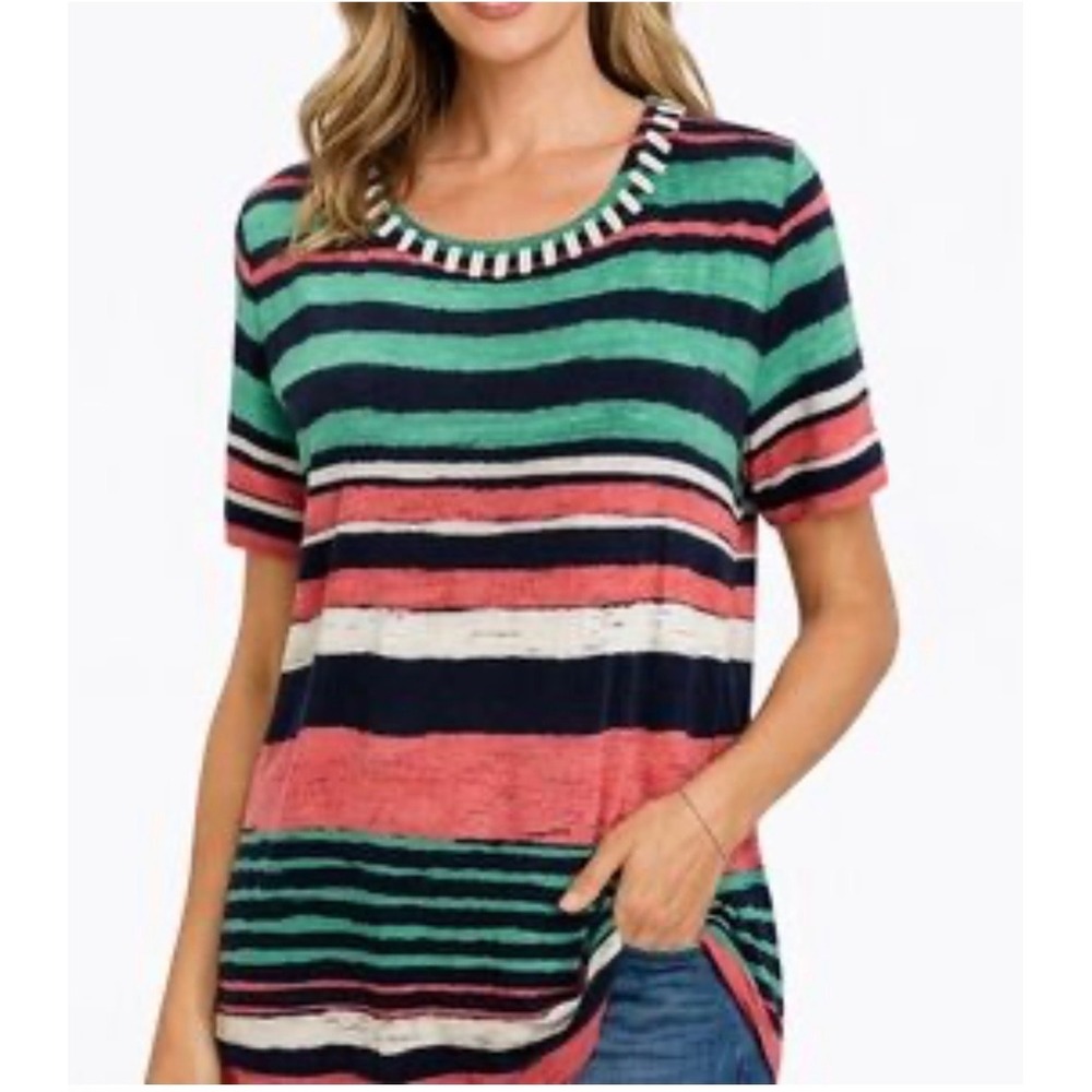 Ruby Rd Woman's Striped Beaded Neck Short Sleeve Top Multi-Color Size 1X